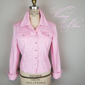 Christine Alexander Women's Medium Pale Pink Denim Jacket w/ Rhinestones * Y2K